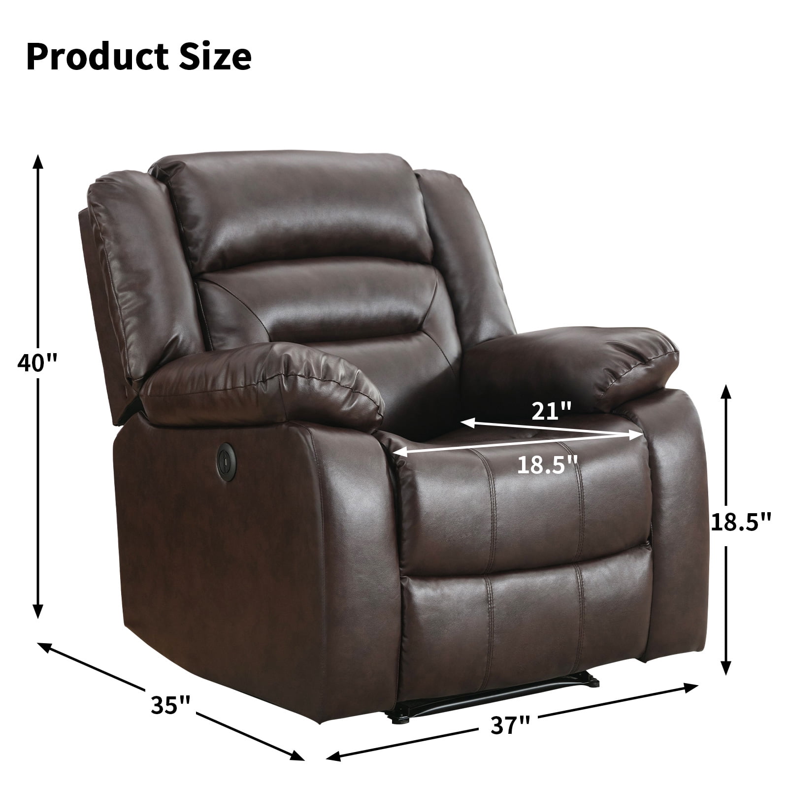 Bonzy Home Power Recliner Chair, Oversized Electric Leather Reclining Chair with Thick Cushion, USB Charge Port, Comfortable Single Sofa for Living(recliner) Room, Brown