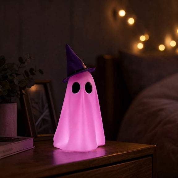 HOARBOEG Halloween Ghost Decor, Remote Control Halloween Ornament, Glowing Ghost Decoration, Spooky Tabletop Decor, Light Up Halloween Prop Pink
