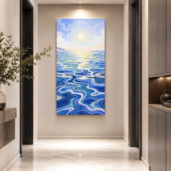 Blue Rolling Ocean Waves Canvas Wall Art, Coastal Gold Glowing Sun Marine Landscape Framed Picture Canvas Wall Art Print Decor Artwork Decorations for Living Room Bedroom Ready to Hang 40" x 20"