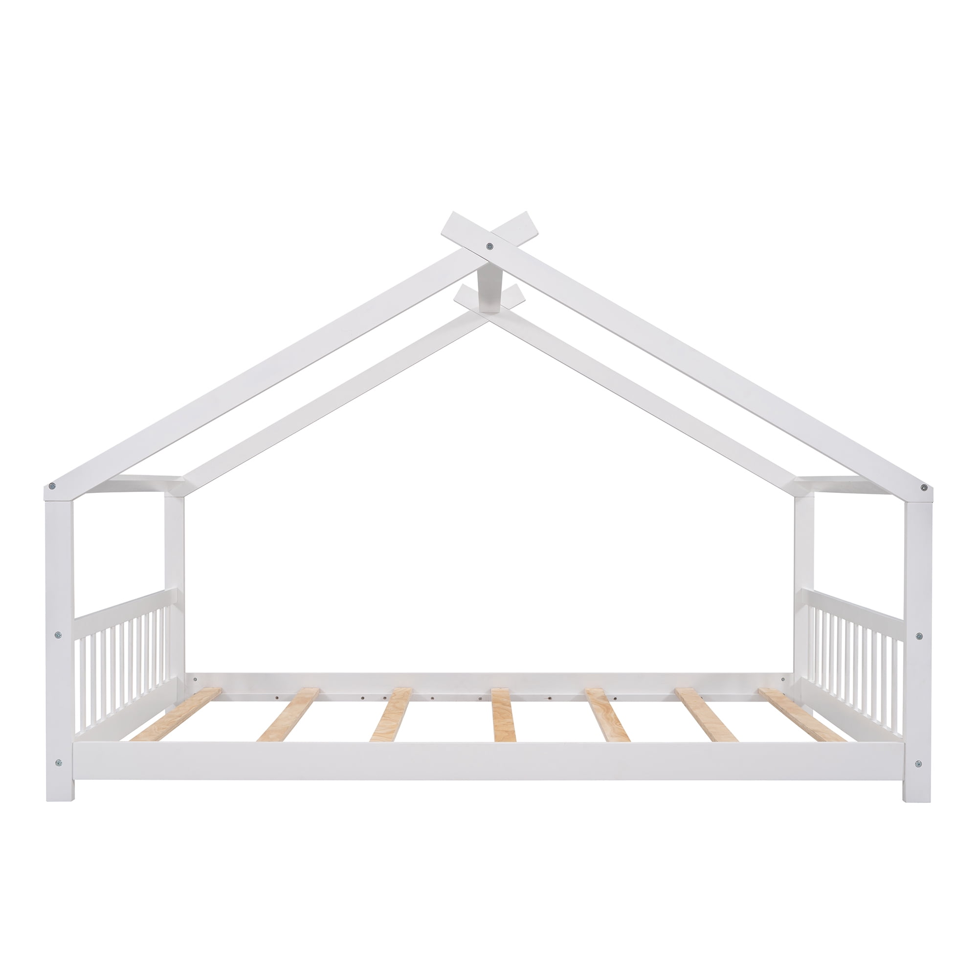 Leumius Full Size Wood House Bed for Kids,Montessori Floor Bed Frame with Headboard and Footboard,Playhouse Bed for Girls Boys(Full, White)