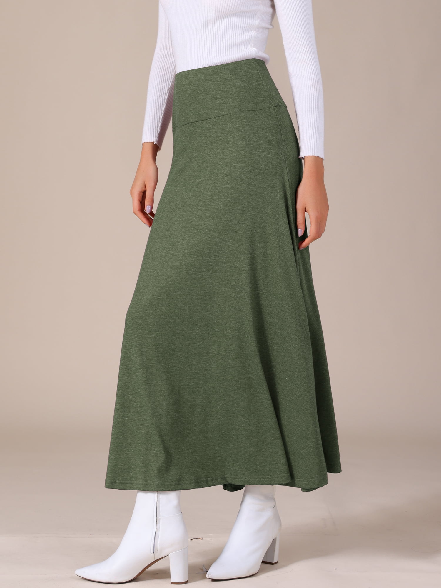 DARING DIVA Women's Foldable High Waist Flowy Flare Maxi Skirts XS Army Green