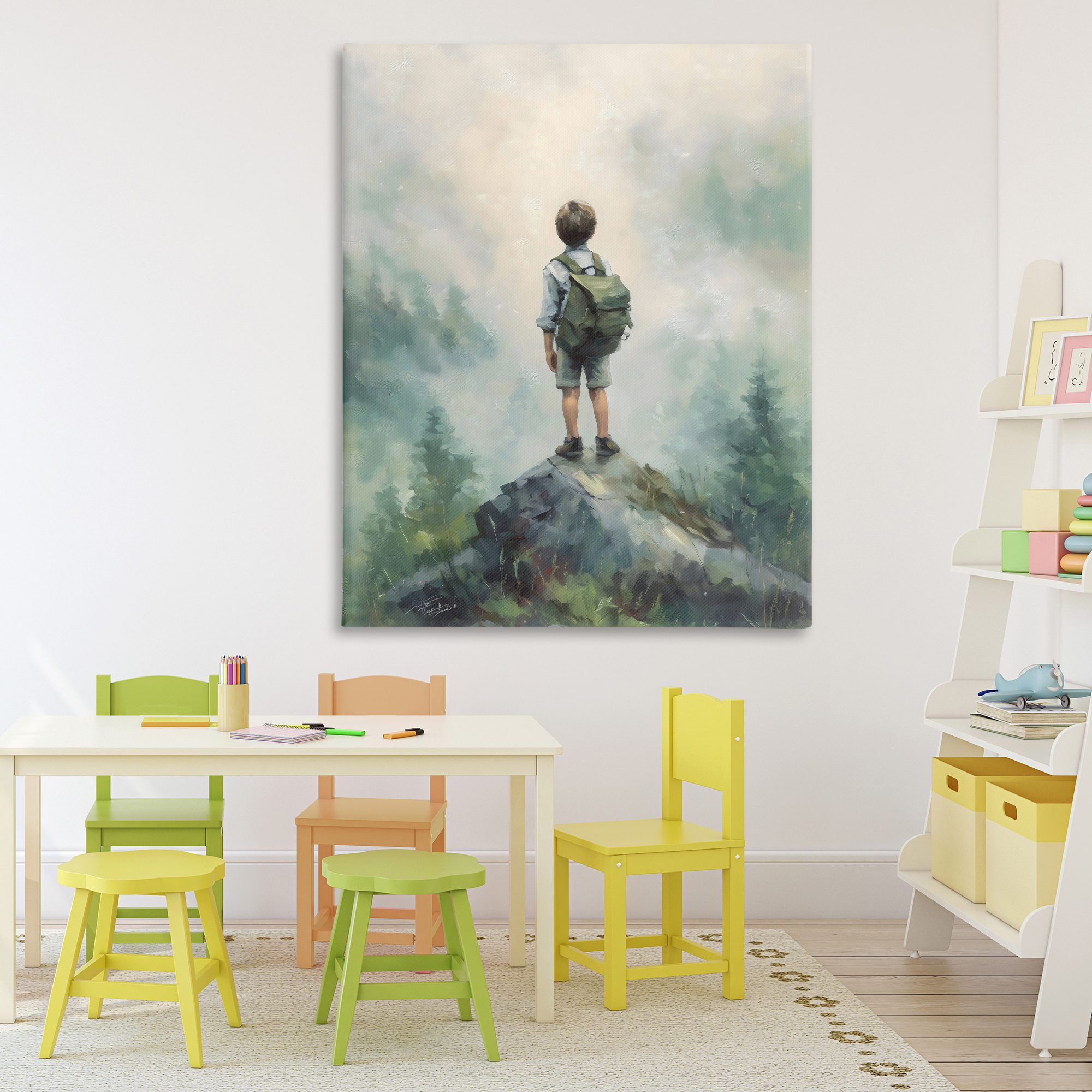 Boy Adventurer Atop Mountain Canvas Wall Art, design by Arlington Prints