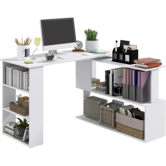L Shaped Desk, Corner Computer Desk, 360 Degree Rotating Home Office Desk with Storage Shelves, Writing Table Workstation, White