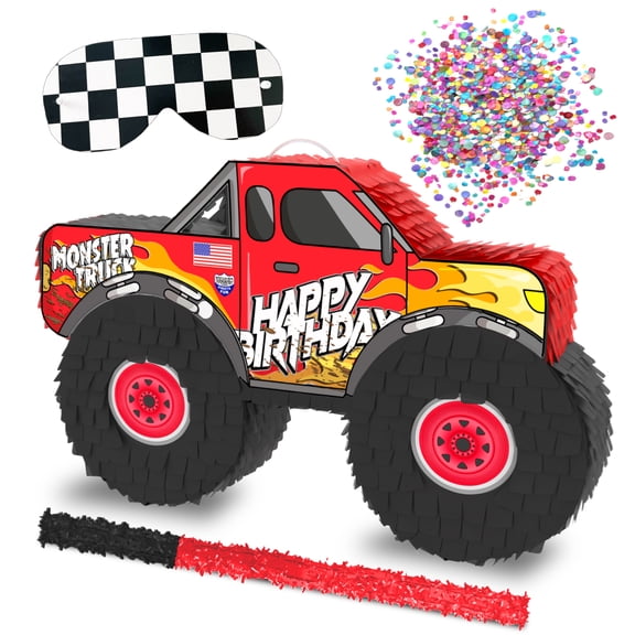 Jergrim Monster Truck Piñata 4-Piece Set for Kids Birthday Parties, Race Car Decor Fun!!!