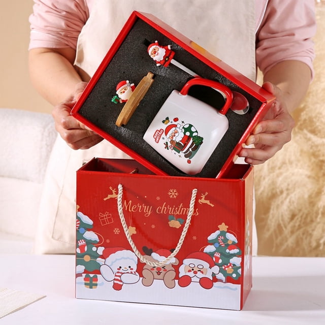 Taza de regalo navideña con tapa y cuchara | Taza de cerámica de Papá Noel y reno de 400 ml | Taza de café festiva para bebidas calientes | Incluye agitador de madera y caja de regalo decorativa