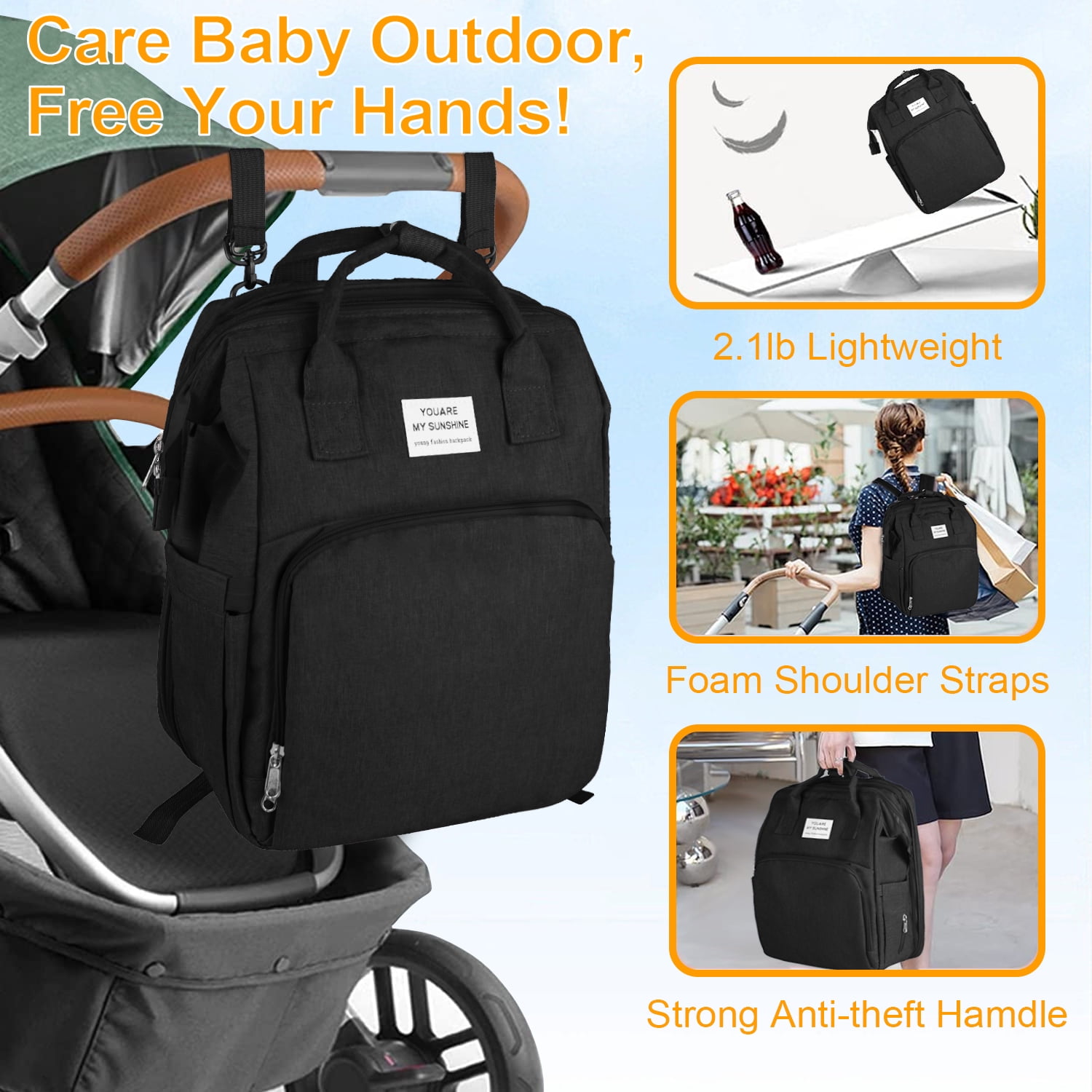 Diaper Bag Backpack,Multifunction Diaper Bag Backpack with Changing Station,Foldable Crib&Insulated Milk Bottle Pocket Large Capacity Baby Nappy Changing Bag Travel Backpack w/ Stroller Straps,Black