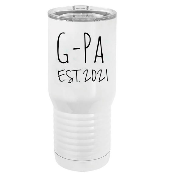 G-Pa Est. 2021 Established Stainless Steel Vacuum Double-Walled Insulated 20 Oz Tumbler Travel Coffee Mug with Clear Lid, White
