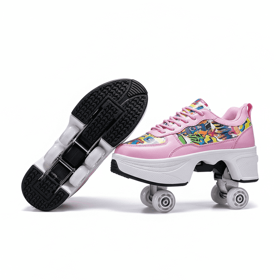 CZV Women's & Teens Graffiti Print Four-Wheel Convertible Roller Skate Shoes,2-in-1 Roller Skates & Sneakers Unisex Retractable Wheels Indoor Outdoor Fun & Fitness Kick Roller Shoes