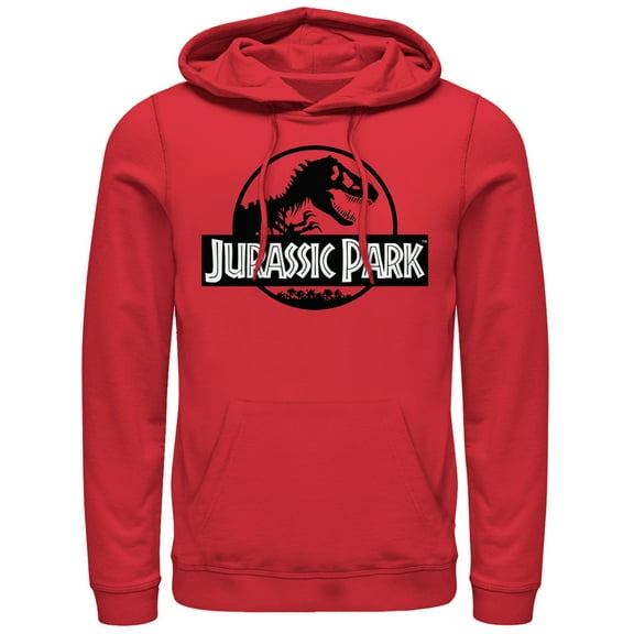 Men's Jurassic Park Black and White Logo Pull Over Hoodie Red 2X Large