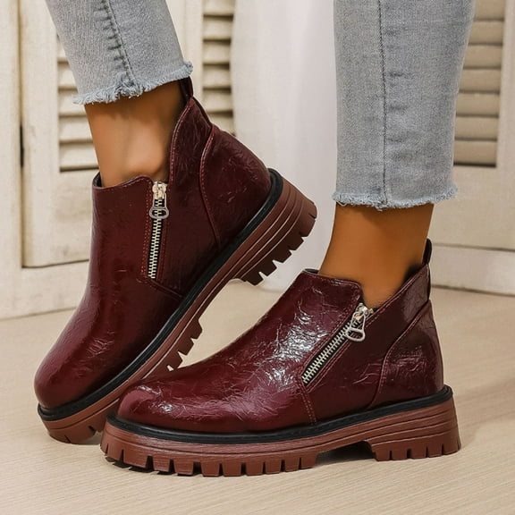 PiGOGI Women's British Style Boots Round Toe Side Zipper Ankle Boots with Thick Sole Winter Boots for Women Red 43
