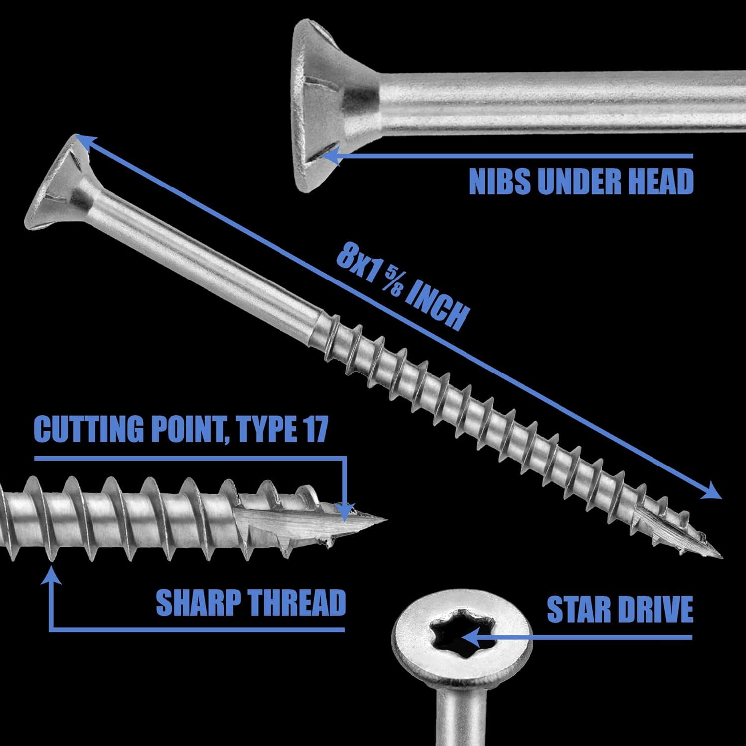 #8 x 1 5/8’’ Stainless Steel Wood Screws by Grindy (200pack/1.1LBS) – Self-Drilling Deck Screws I Rust Resistant I Quick Drive & Fast Grip I for Cabinet, Furniture & Other Projects I Bit Included
