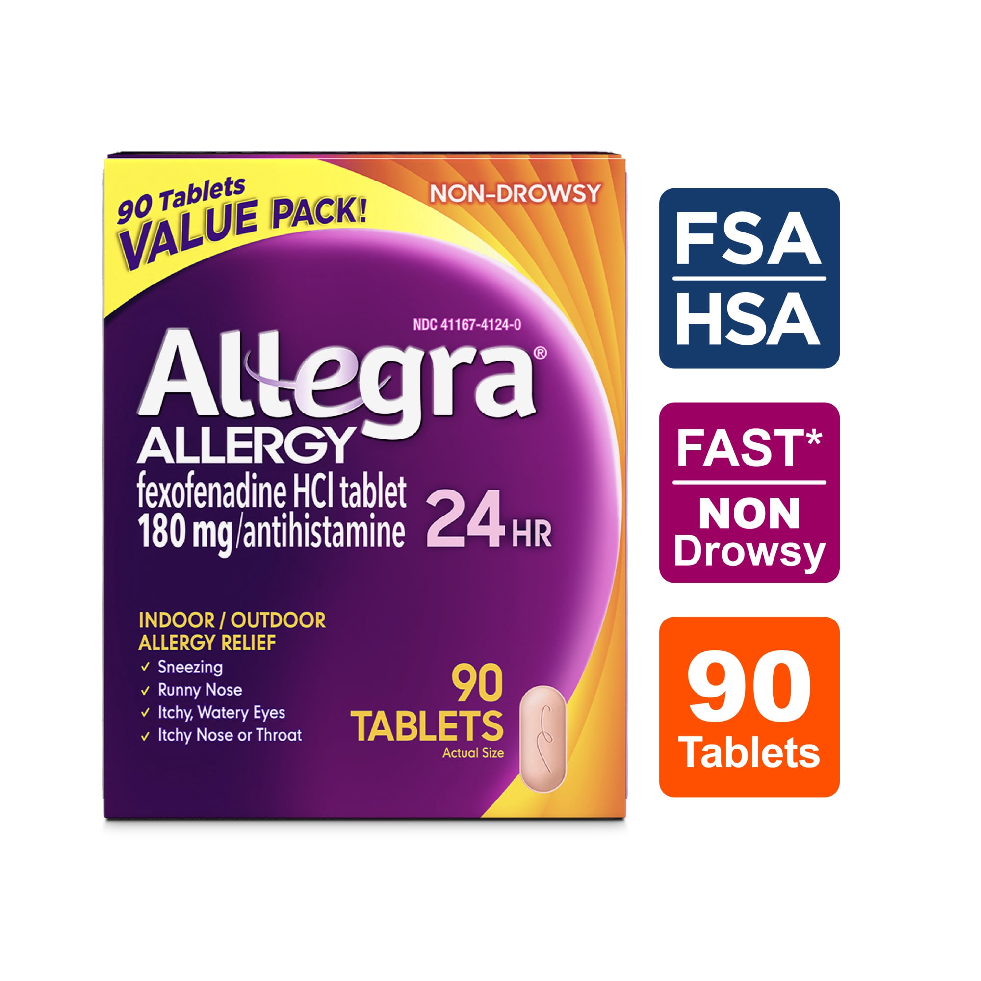 Allegra Adult 24-Hour Allergy Relief Tablets, Non-Drowsy Indoor and Outdoor Allergy Medicine, 180 mg Fexofenadine HCI Antihistamine Pill, 90-Count