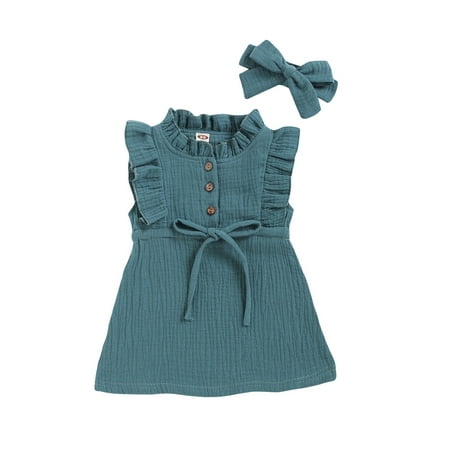 

One opening Little Girl’s Solid Color Bow Ruffles Sleeveless Dress and Headband