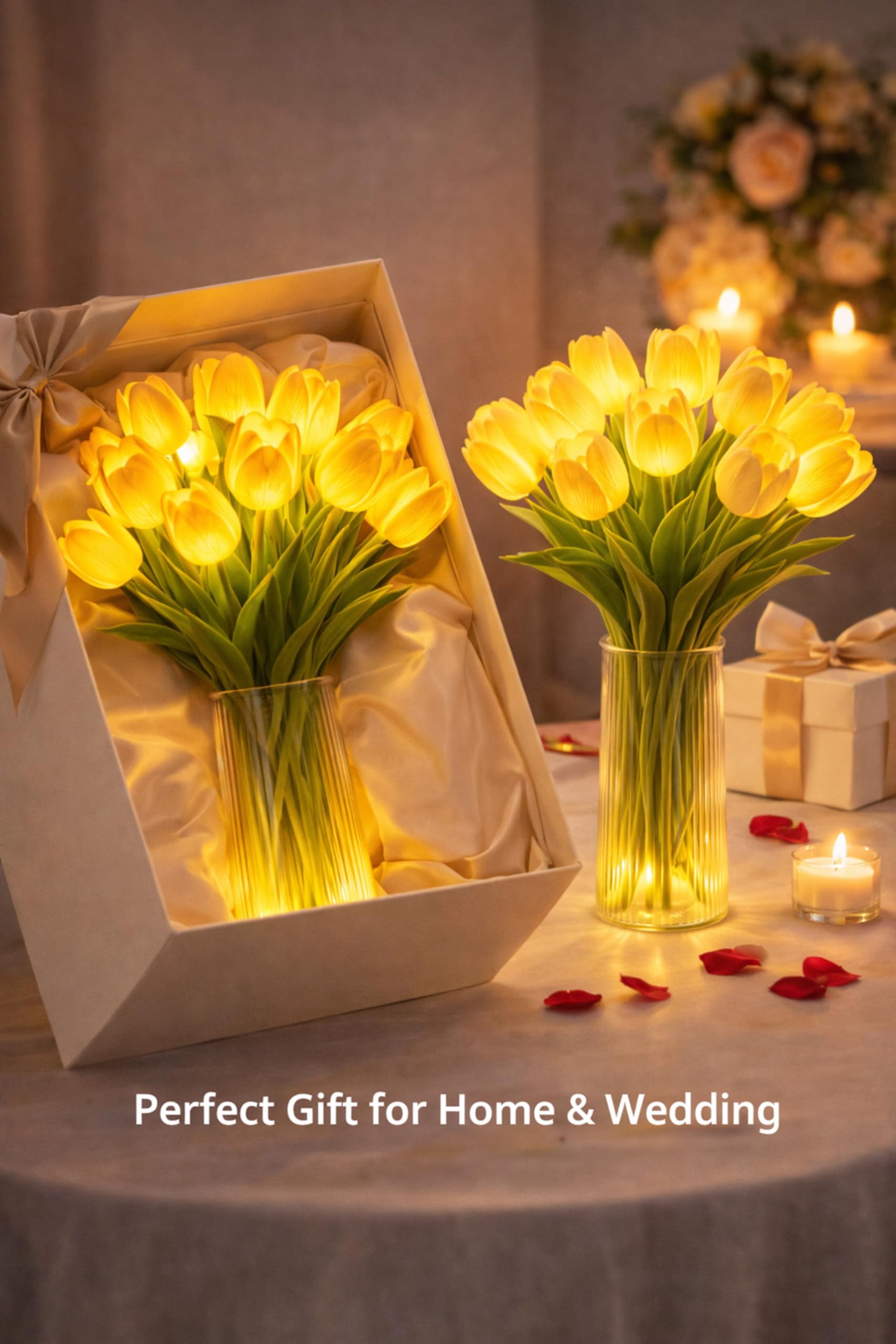 Romantic Tulip Night Light with Vase, 15 LED Never-Fade Twinkling Tulip Lamp, Flower Ambient Light for Bedroom Bedside Decor & Gift