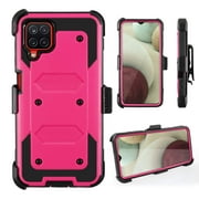 FIEWESEY for Samsung Galaxy A12 Case,Heavy Duty High Impact Resistant Armor Holster Defender Case with Kickstand Swivel Belt Clip Holster Built-in Screen Protector for Samsung Galaxy A12(Pink)