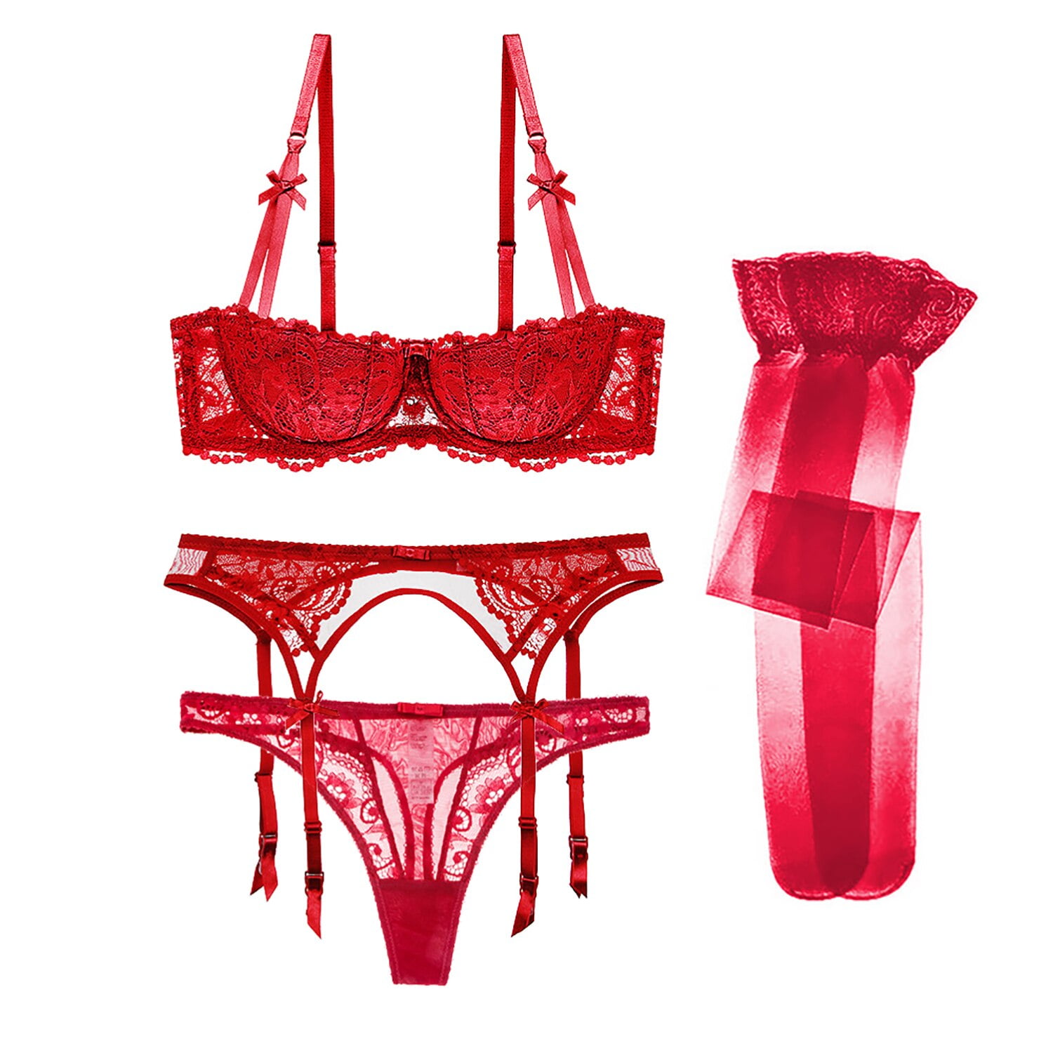 Women Push Up Cotton Bras Set Lace Lingerie Bra and Thong and Garter and Stocking 4pcs
