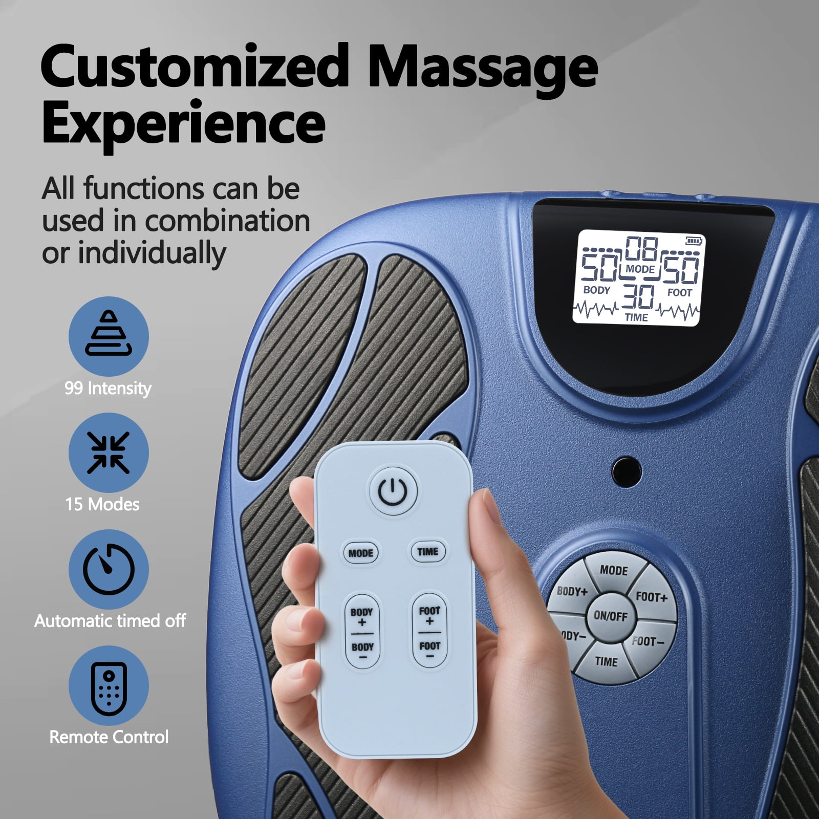 OSITO Rechargeable EMS Foot Massager for Neuropathy, TENS Foot Massager with 8 Reusable Electrode Pads, Foot Massager for Circulation and Pain Relief, 15 Modes 99 Intensities (Blue)