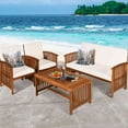 thumbnail image 3 of Costway 4PCS Patio Solid Wood Furniture Set Conversation Coffee Table W/White Cushion, 3 of 8