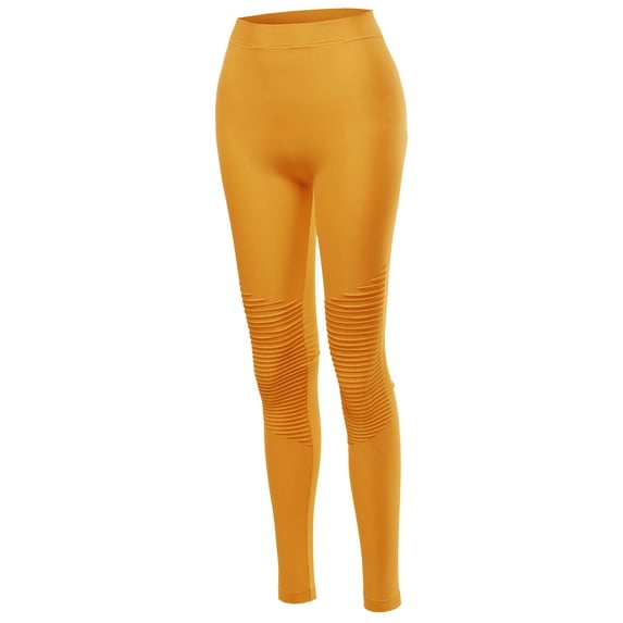 A2Y Women's Solid Basic Seamless Fitted Full Length Moto Leggings Ash Mustard SM