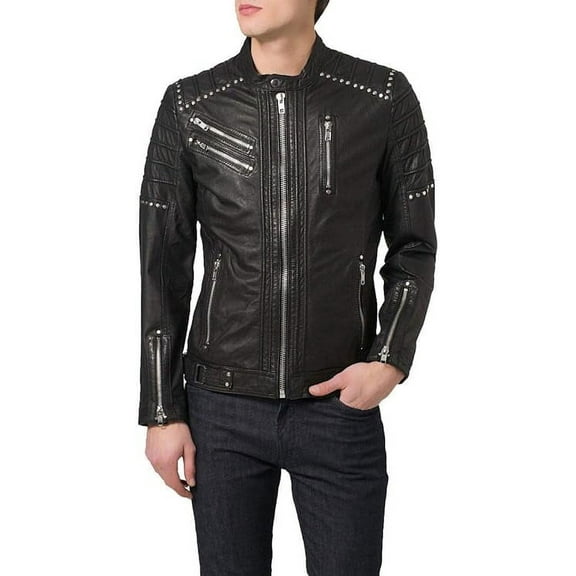 New Men's Genuine Lambskin Leather Jacket Black Belted Motorcycle Biker Jacket A047