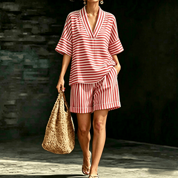 Morttic Women's V-Neck Short Sleeve Top & Wide Leg Shorts Striped 2 Piece Set – Fashionable Summer Outfit for Daily & Vacation Red，S