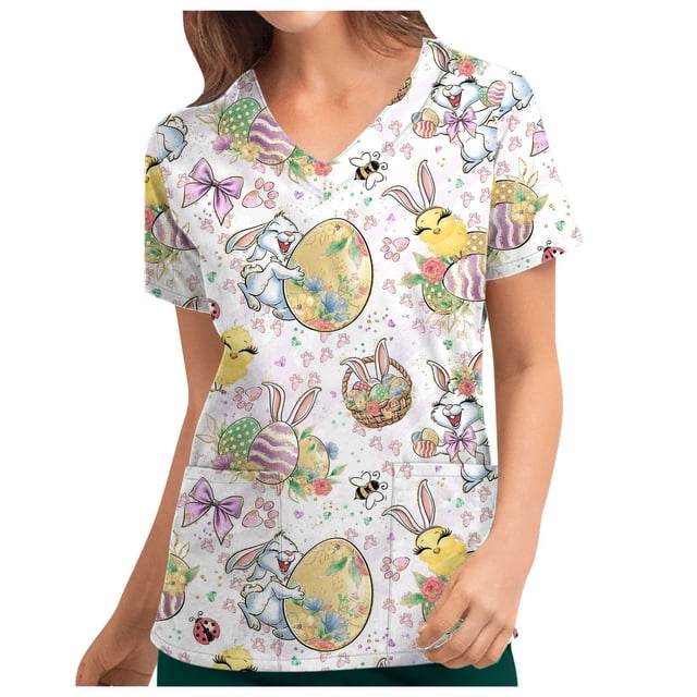 Pompotops Women's Fashion Easter Rabbit Print V-neck Short Sleeve Pocket Workwear Top