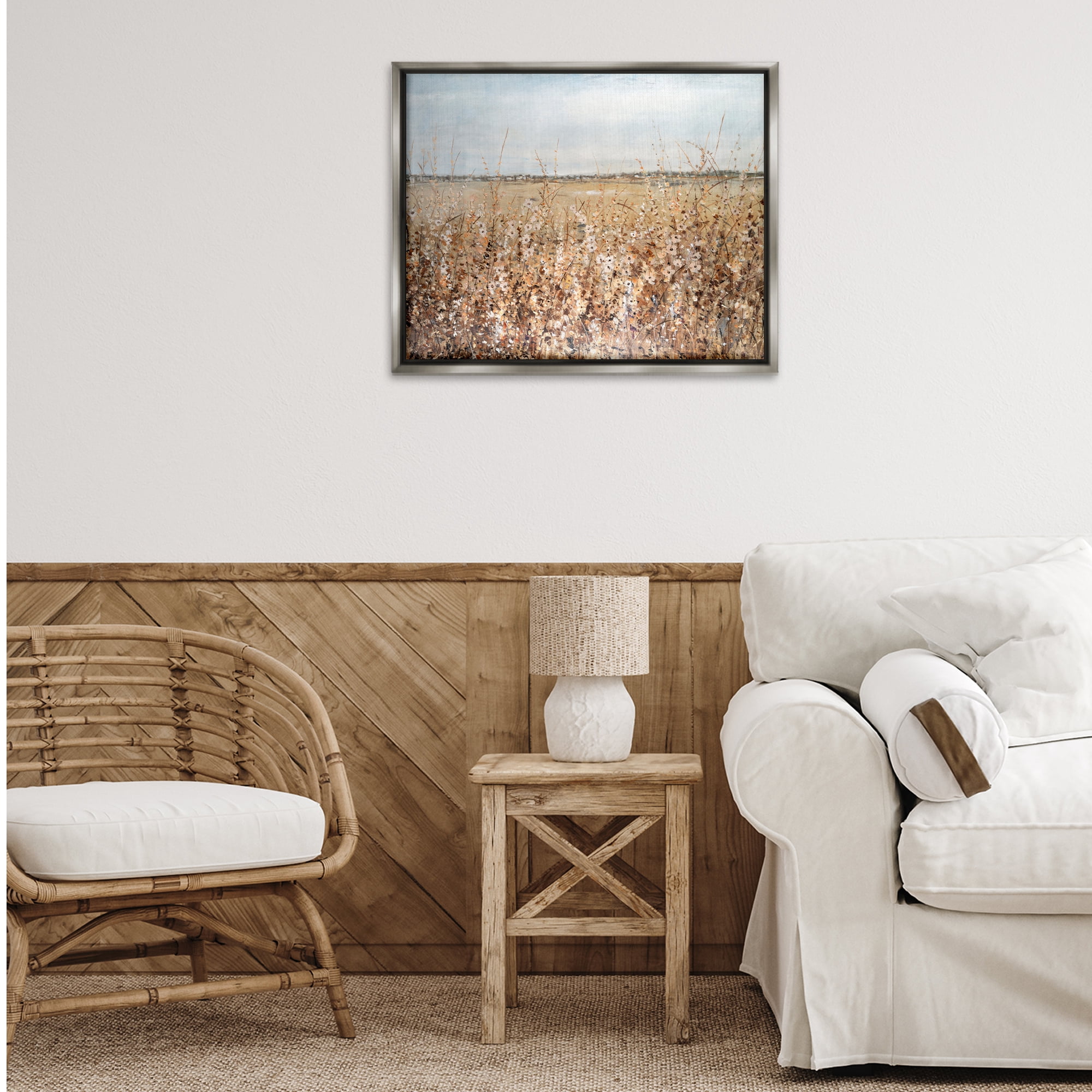 Stupell Industries Solemn Neutral Meadow Landscape & Nature Painting Gray Floater Framed Canvas Art Print Wall Art, 31 x 25