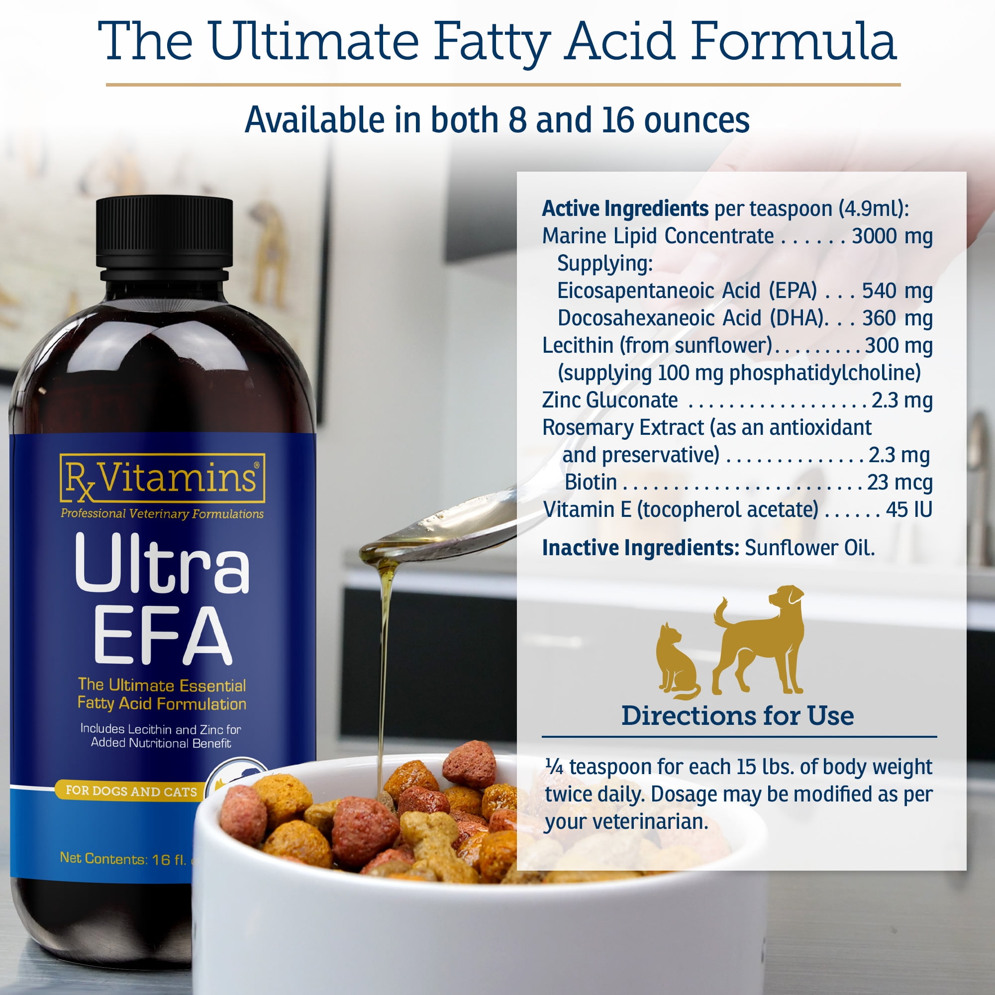 Rx Vitamins Ultra EFA Omega 3 Fish Oil for Dogs & Cats - Promotes Heart, Brain, and Joint Health with Vitamin E, Biotin, and Zinc - Liquid Fish Oil for Itch Relief & Dog Shedding - 16 oz