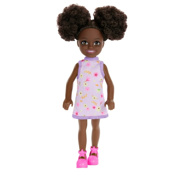 Barbie Chelsea Doll, Small Doll Wearing Removable Purple Floral Dress with Space Buns & Brown Eyes