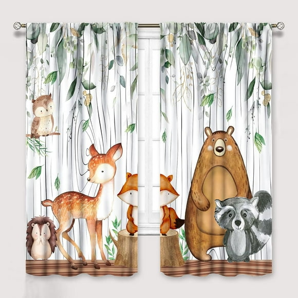 YCness Rideaux Animaux de la Forêt, Animaux Sauvages Aquarelle Ours Renard Cerf Traitements de Fenêtre pour Enfants Salon Chambre, Draperies d'Arbres Verts 2 Panneaux, 42x45 Pouces