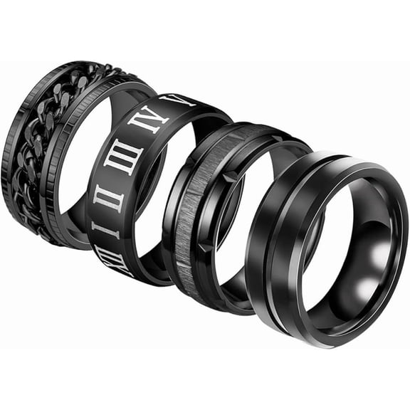 4-Piece Stainless Steel Spinner Rings Set, Fidget Band Rings for Anxiety for Men and Women, Black and Silver, Sizes 6-11-black-12