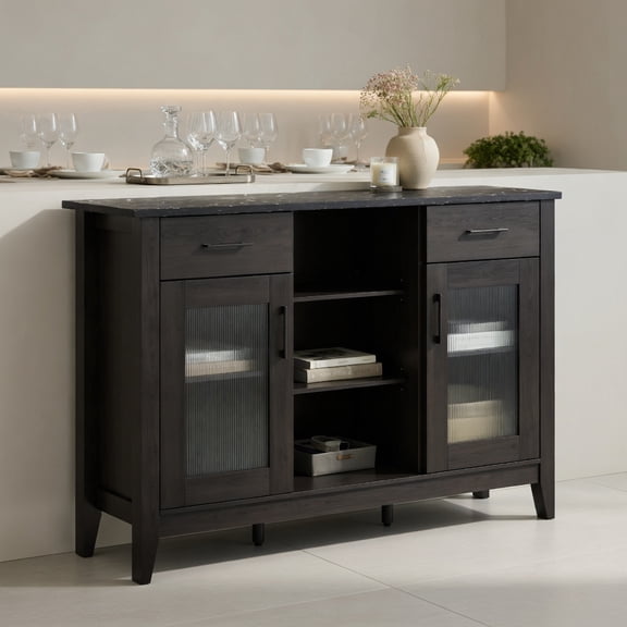 Resenkos Sideboard Buffet Cabinet,Kitchen Storage Cabinet,Sideboard Buffet Cabinet with 2 Drawers and 4 Adjustable Shelves-Black
