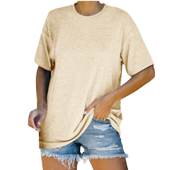 HAPIMO Women's Trendy Cotton Linen Loose Tops Clearance Summer Solid Color Short Sleeve Drop Shoulder Crew Neck Pullover for Teen Girls Elegant Casual Relaxed Blouses Beige XL