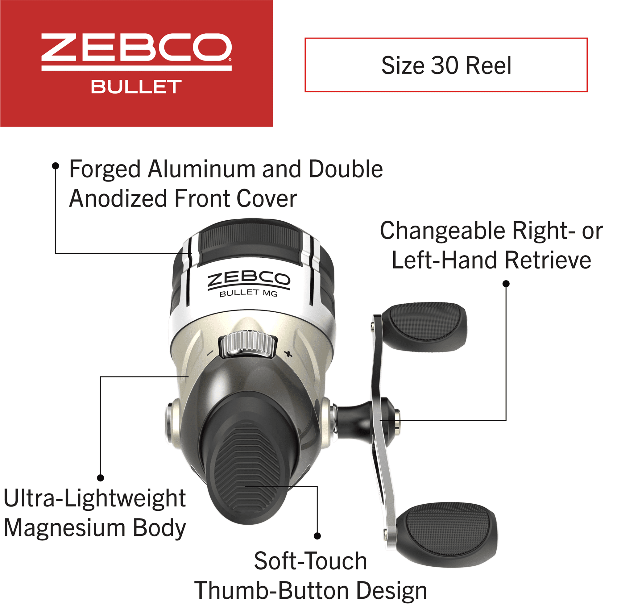 Zebco Bullet MG Spincast Fishing Reel, Size 30 Reel, Dark Silver