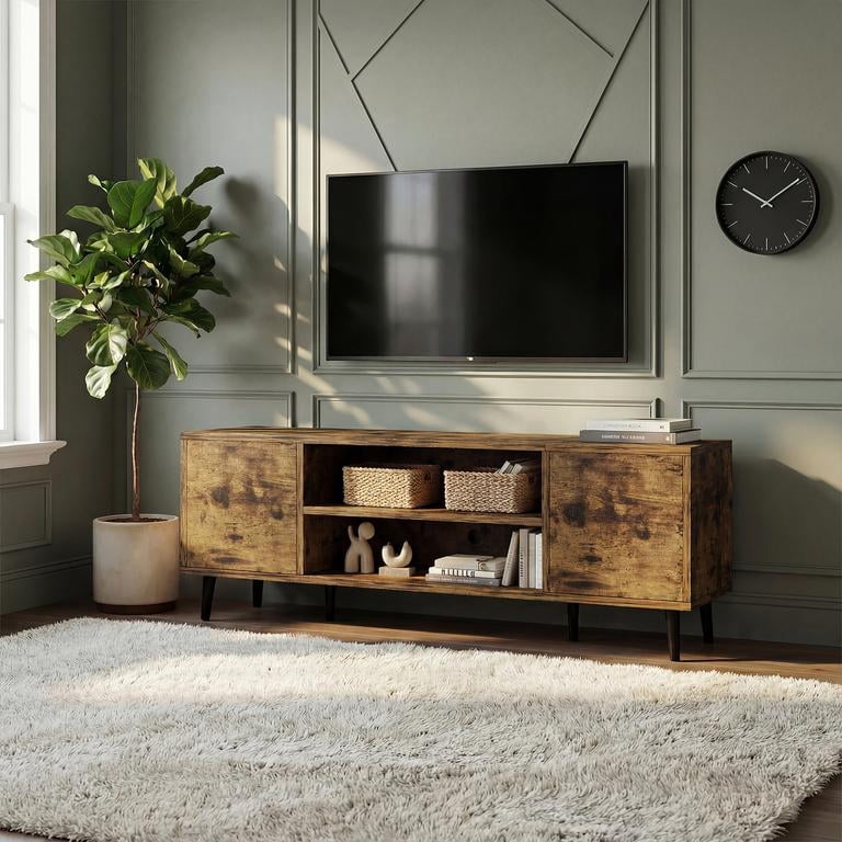 Vineego TV Stand for 55 Inch TV with 2 Push-to-Open Doors, Mid-Century Modern Media Console with Open Shelves, Entertainment Center for Living Room Bedroom, Brown