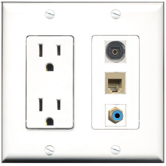 RiteAV - 15 Amp Power Outlet 1 Port RCA Blue 1 Port Phone Beige 1 Port Toslink Decorative Wall Plate