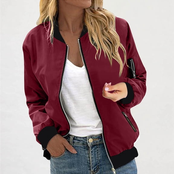 jobturf Bomber Jacket Women Full Zip up Casual Outerwear Lightweight Long Sleeve Going Out Tops Holiday Fall Spring Coats with Zipper Pockets