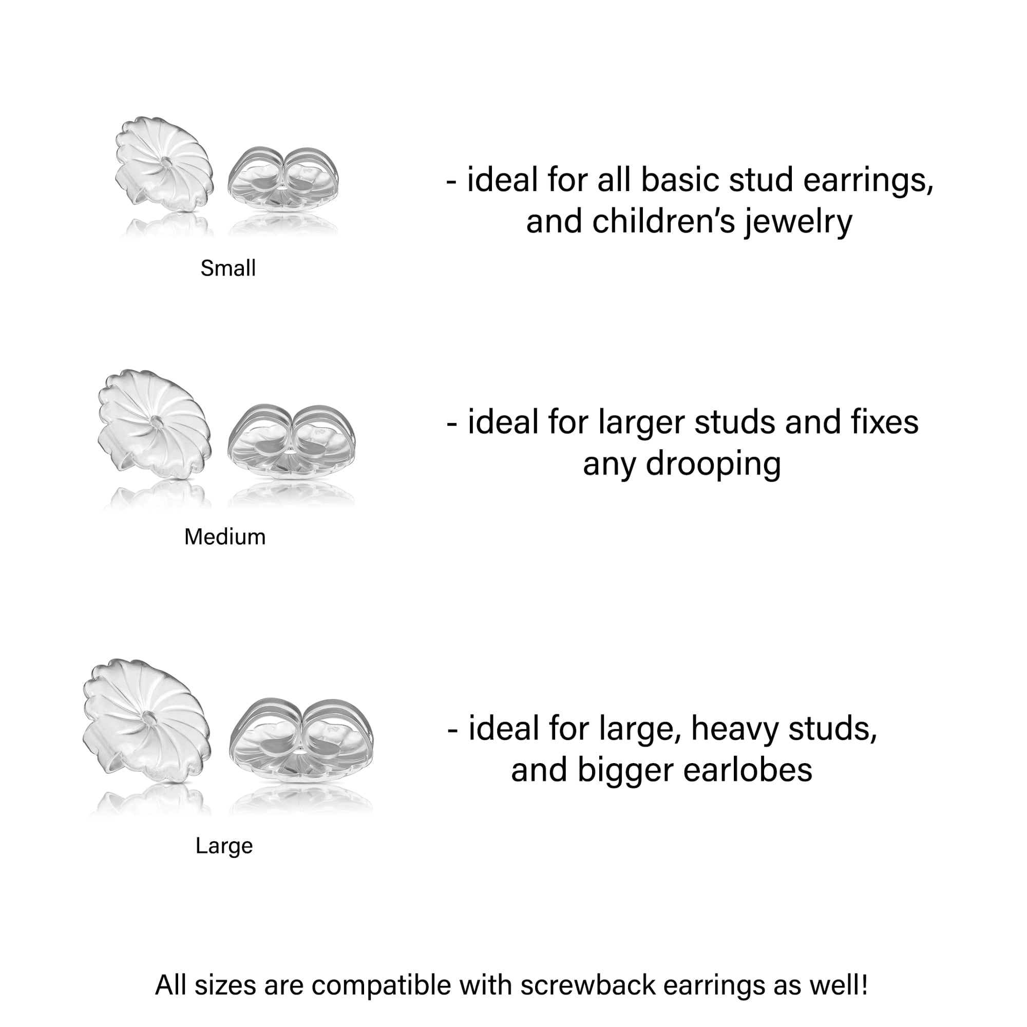 Tilo Jewelry 14K Solid White Gold Comfortable Replacement Backings for Push-back and Screw-back Stud Earrings | Small