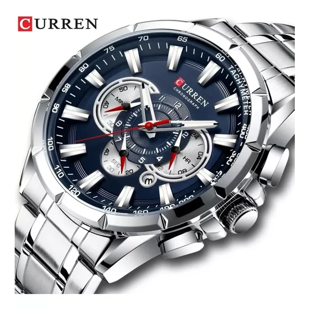 Curren 8363 pulsera de cuarzo azul de acero inoxidable para hombre, correa de reloj color plata