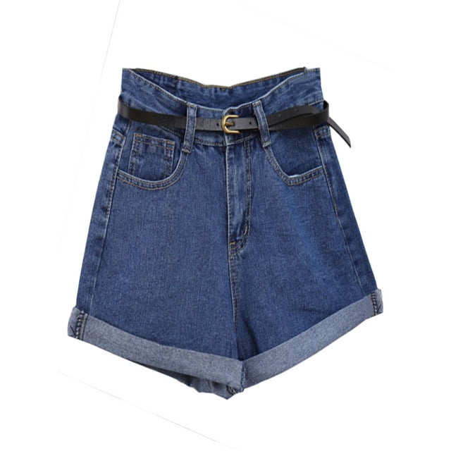 Women's Retro High Waisted Rolled Denim Jean Shorts with Pockets