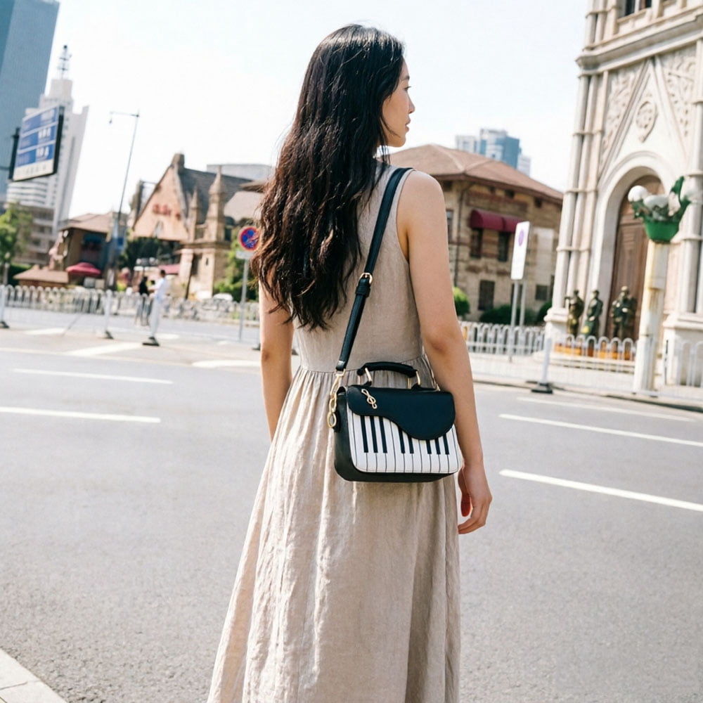 Piano Music Notes PU Leather Shoulder Tote Bag Purse Crossbody Handbag for Women Girls (Black), 14cm