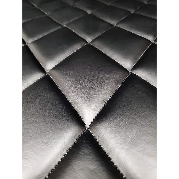 Quilted Vinyl Padded Upholstery Fabric w 3/8" Foam Backing Smooth 4"x6" Diamond /58" Wide/Continuous Yard/ Faux Leather Upholstery, Marine Vinyl Fabric, Automotive Upholstery Material (Black)