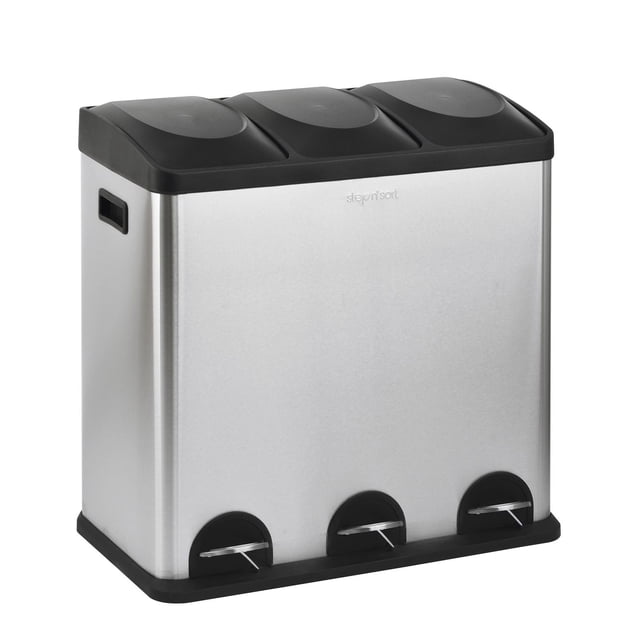 Step N’ Sort 60L 3-Compartment Trash & Recycling Bin – Triple Kitchen Waste System with Step Pedals, Stainless Steel Garbage, Recycling & Compost Sorter with Removable Bins