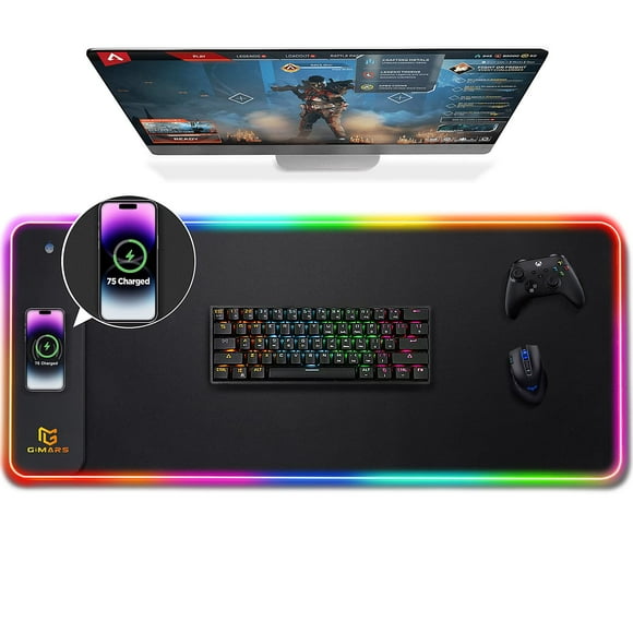 Gimars Tapis de Souris Gaming RGB, Tapis de Souris Sans Fil 15w avec 10 Modes d'Éclairage, Grand Tapis de Souris avec Surface Lisse Premium, Tapis de Souris Antidérapant pour Gaming, Bureau, PC, Bureau, 31.5x11