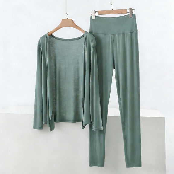 Two Piece Sets for Women Fall New Women Lightweight Loungewear Sets Long Sleeve Sleepwear Casual Loose Open Front Cardigans High Waisted Pants Green XXL