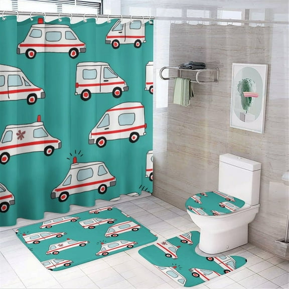 Ambulance Pattern Print Shower Curtain Set Modern Bathroom Decor Mats 4pcs Fabric Bathroom Curtain Slip Floor Rug Toilet Lid