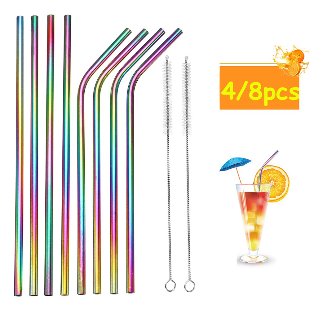 4 Straight Straws/4 Bend Straws Reusable Rainbow Stainless Steel Metal
