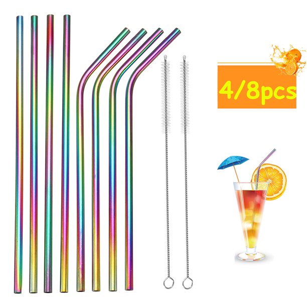4 Straight Straws/4 Bend Straws Reusable Rainbow Stainless Steel Metal