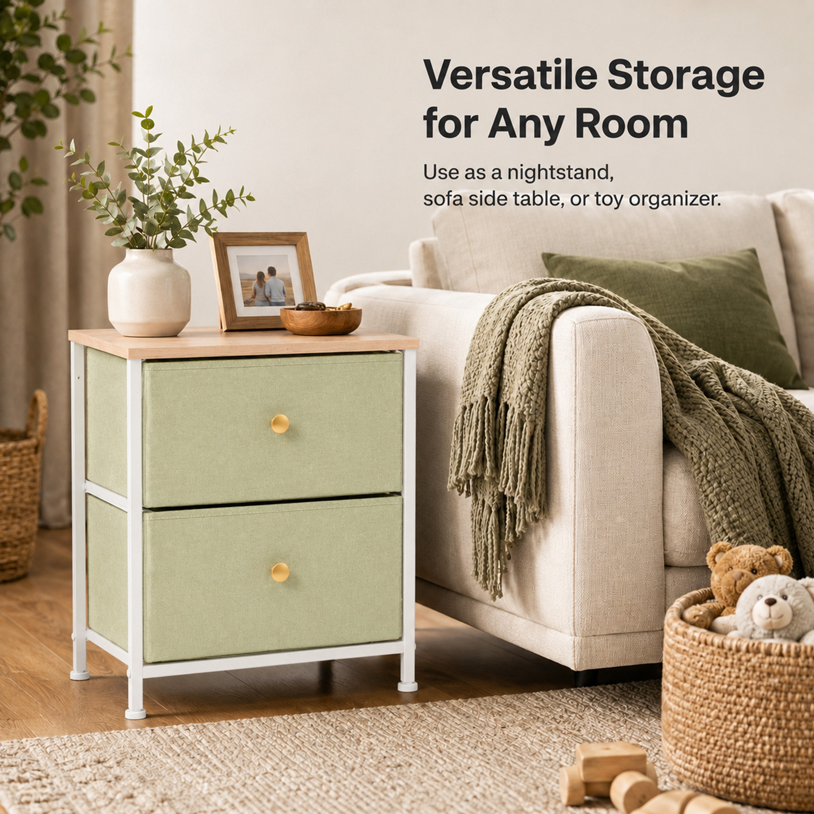 Alvantor Nightstand with 2 Storage Drawers, Small Bedside Table, Small Dresser with Sturdy Wooden Top for Daily Essentials, Compact Nightstand for Bedroom and Small Spaces