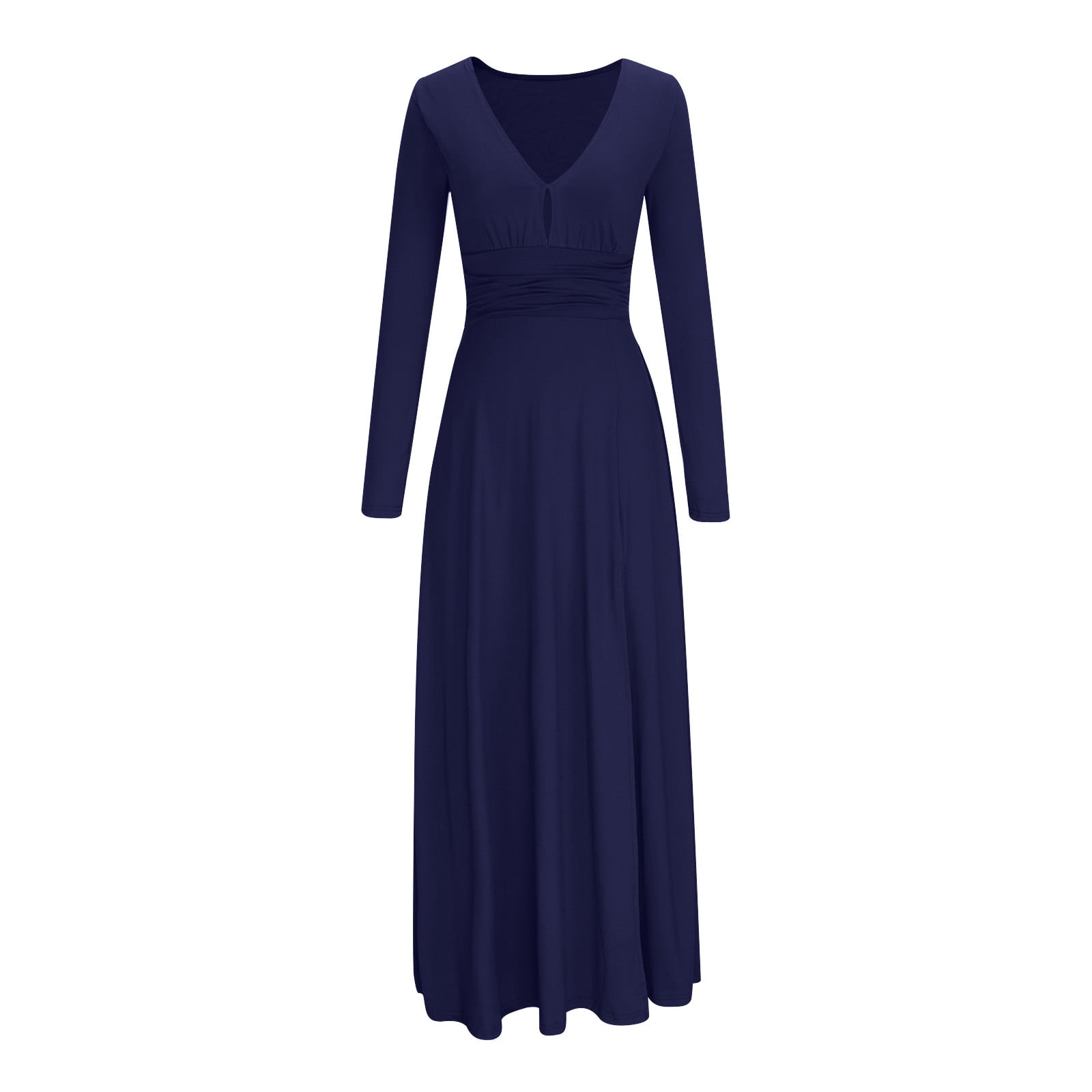 Long Sleeve Party Dress for Women Elegant Wedding Guest Evening Maxi Gown V Neck Pleated High Split Formal Dress (XX-Large, Navy)